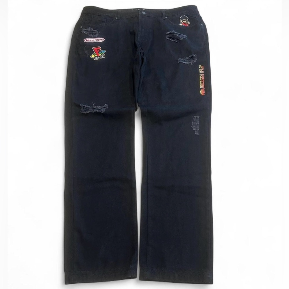 Born Fly Jeans Mens 40x34 Distressed Embroidered Black Retro Video Gamer Patches